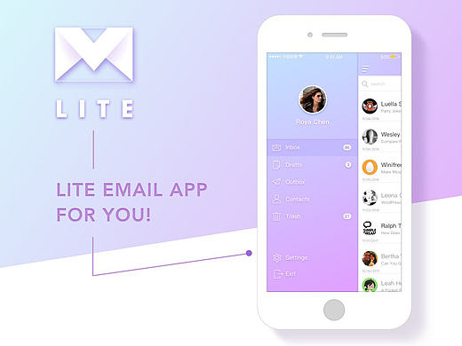 LITE轻邮件APP界面设计、渐变色app设计（内附mockup的psd源文件下载）