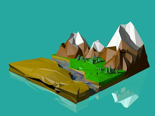 Low Poly山丘森林沙漠地形剖面C4D 小格子