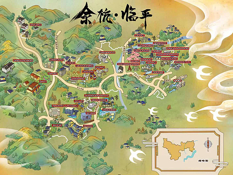 杭州余杭临平.手绘地图设计景点地标导览定制