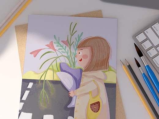 原创插画，捧花少女