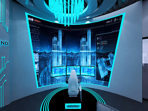科技感 未来感 智能展厅 3D效果图 蓝白色调 全息系统