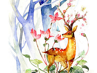 水彩-森林里的小鹿