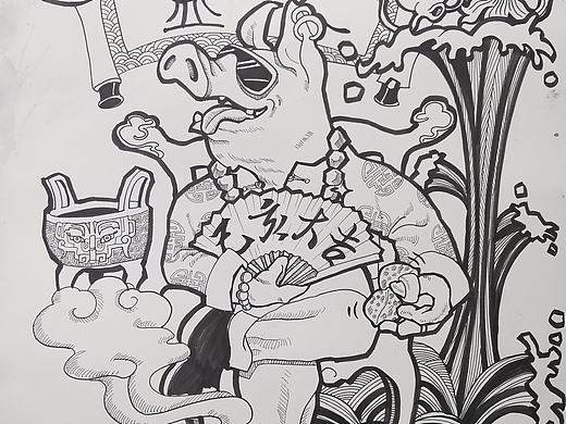 2019猪年黑白插画