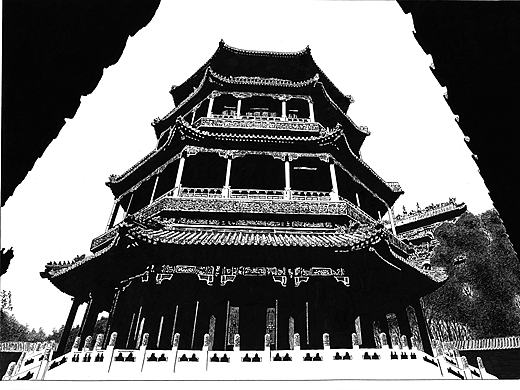 古建筑黑白涂鸦
