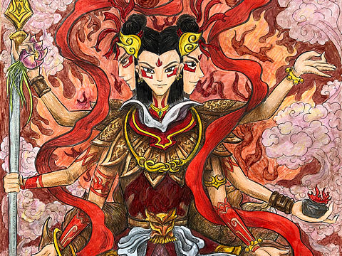 三头六臂擎天地，忿怒那吒扑帝钟