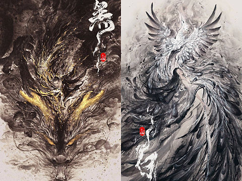 新国画 ｜《黑》与《白》手绘国风古风水墨画海报