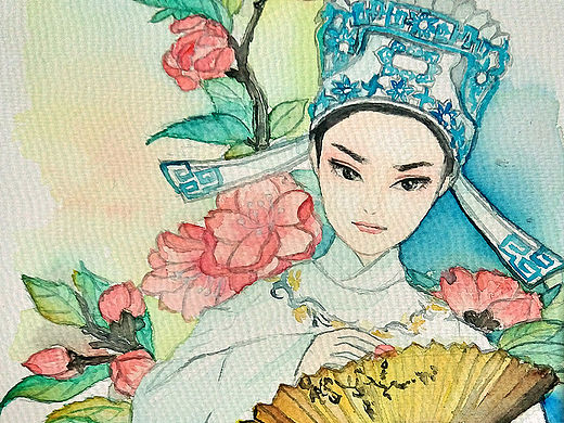 戏曲水彩插画——越剧【玉蜻蜓】