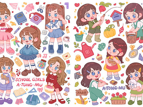 少女贴纸|手帐贴纸|人物ip设计|儿童插画