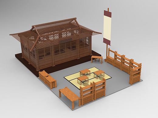 中式茶室场景建模、渲染、实物