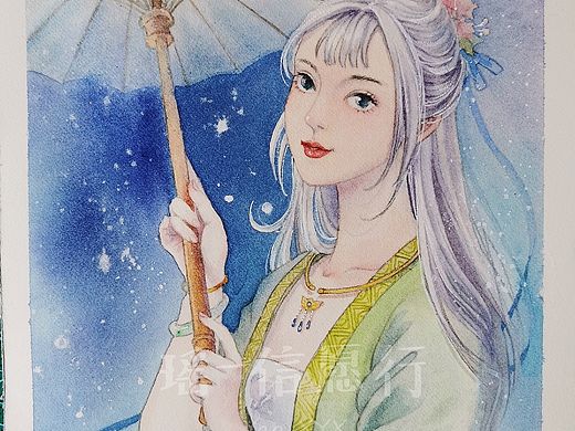 水彩原创 绿衣少女