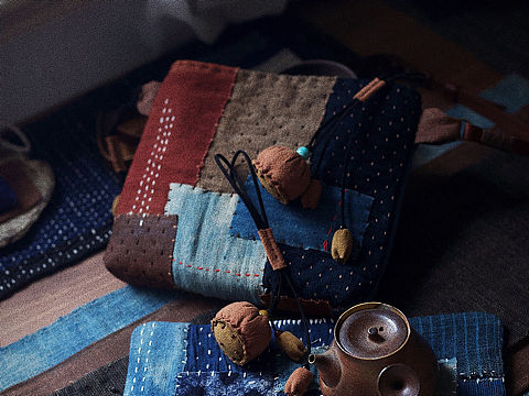 蓝染柿染拼布系列 壶垫