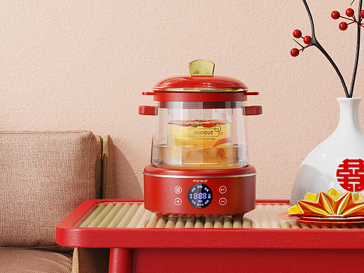 一组红色玻璃炖盅渲染效果图