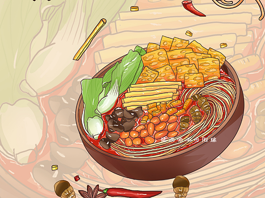 國風美食插畫·螺螄粉（個人主頁-ZNjczMzk3NjA=） - 商業(yè)插畫 - 站酷設計師雨田阿瑞原創(chuàng)素材 - 站酷ZCOOL