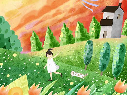 傍晚放风筝的小女孩