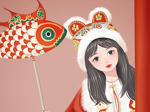 戴虎帽拿小鱼灯的少女（个人主页-ZNTc4MTc1NTY=） - 创作习作 - 站酷设计师静画水月儿原创素材 - 站酷ZCOOL