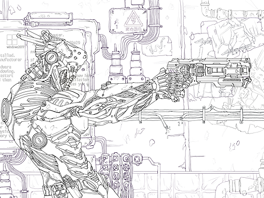 赛博朋克风机械角色,线稿