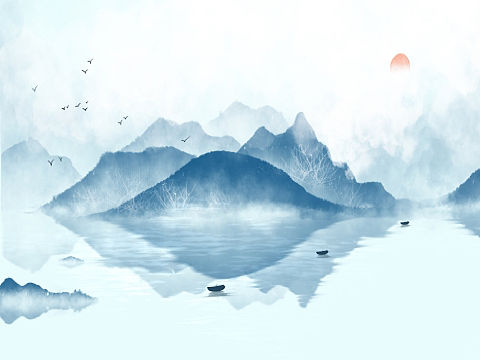 山水水墨画冬景