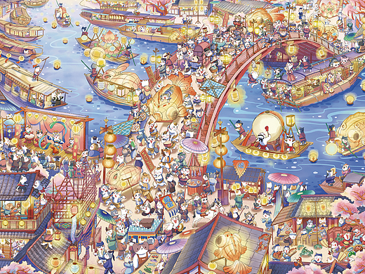小猫版清明上河图｜复杂插画超详细的绘画过程