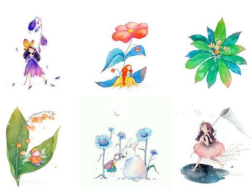 《花花和小仙女》一组花与女孩系列水彩插画