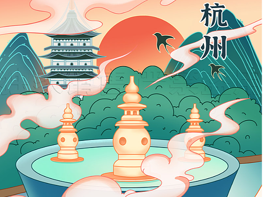 杭州城市建筑西湖藕粉包装插画