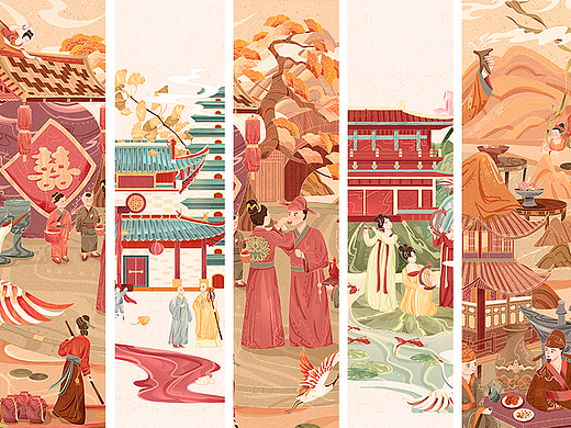 国风插画《喜酒包装插画》&《长安八景》