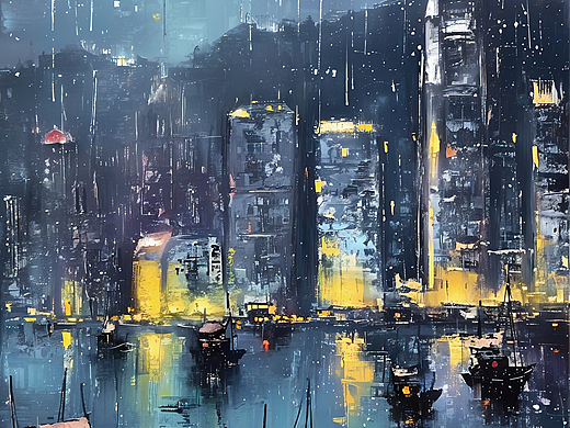 赛博枫桥夜泊 | 油画雨景