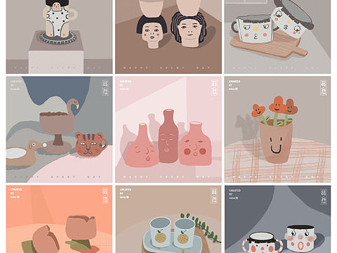 一组扁平插画合集-搞怪的瓷器们