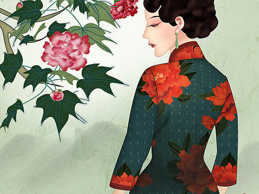 女性背影繁花似锦旗袍美人