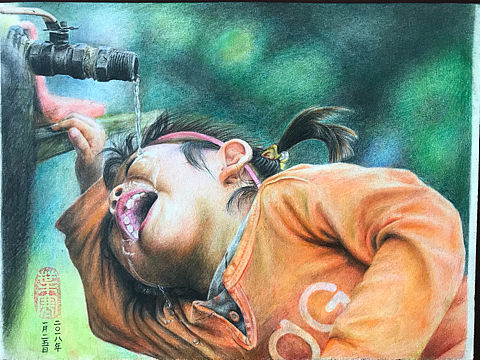 留守儿童之《喝水》彩铅画
