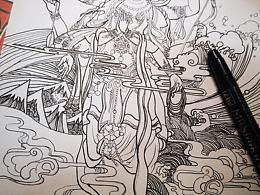 传统线描结合浮世绘