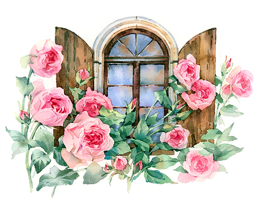 盛开的花园窗台,水彩季节