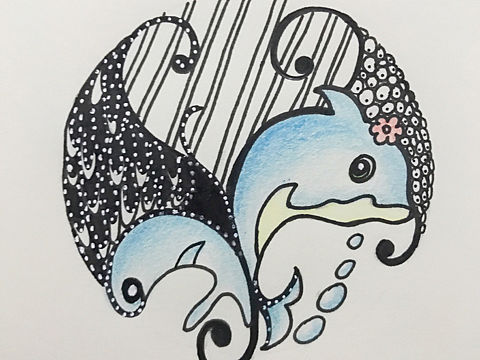 原创手绘禅绕画海豚母子