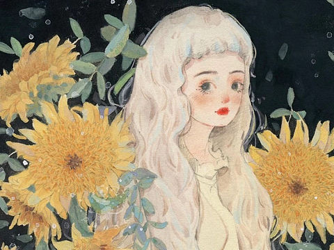 向日葵女孩不透明水彩卡通插画手绘水彩教程少女头像