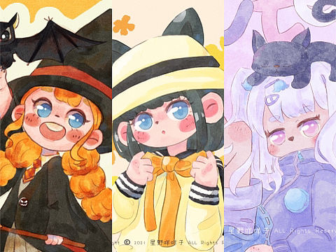 水彩质感人物插画色稿与线稿