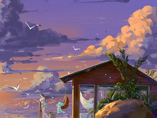 海上有一间小屋，装着满满的夕阳。