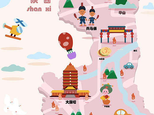 西安地图插画～（个人主页-ZNTI3MzA4MzY=） - 商业插画 - 站酷设计师siwenwen原创素材 - 站酷ZCOOL