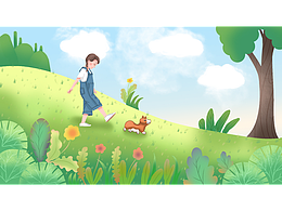 小女孩和小狗场景插画