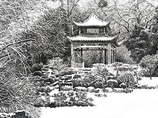 精细钢笔画雪景练习《爱晚亭》