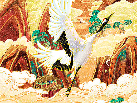 国潮插画——神谕，鹤鸣