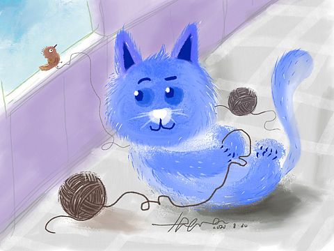 蓝色的小猫咪.加油儿童插画