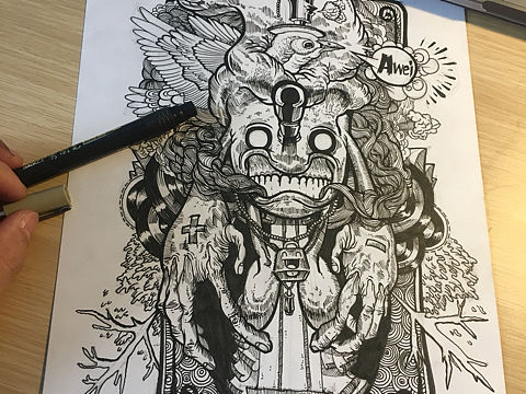 枯木守卫 黑白线描 临摹 针管笔