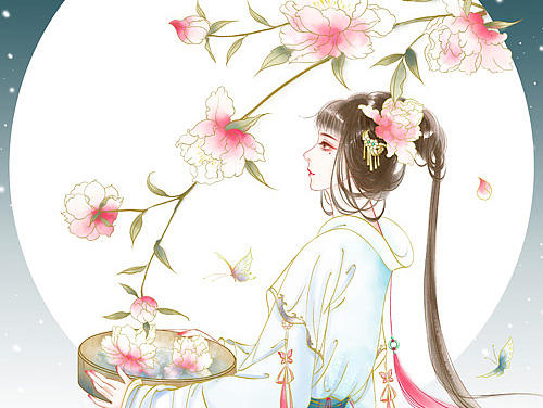 唯美古风美人插画——花月美人系列之芍药