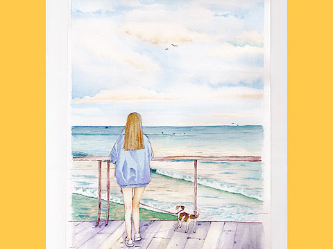 海边散步水彩画