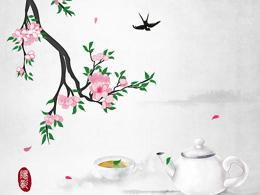 24节气春分春天四季桃花桃枝燕子茶艺茶道茶具水墨插画