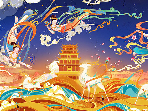 /敦煌九色鹿 飞天原创商业插画莫高窟