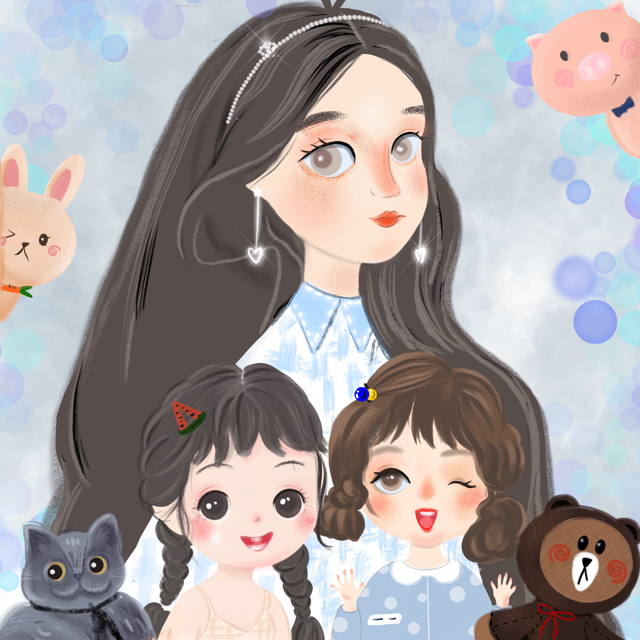 母女三人头像手绘
