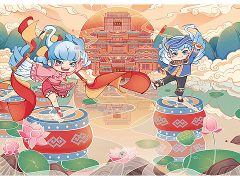土家族白鹭兄妹文创插画