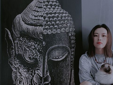 手工雕刻黑白木刻版画·佛头一念