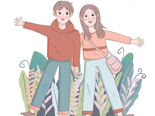 情侣旅游小场景插画