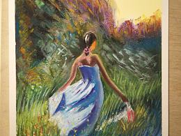 【色粉画】走过草地的姑娘